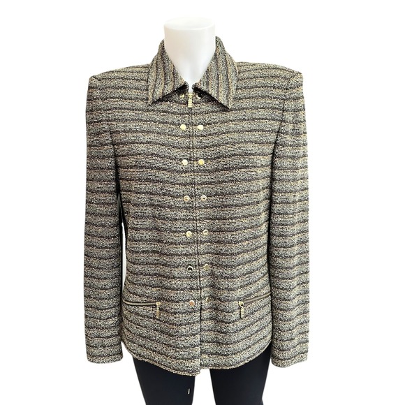 St. John Collection Brown Striped Zip UpJacket‎ Vintage Tweed Wool Knit Sz 8